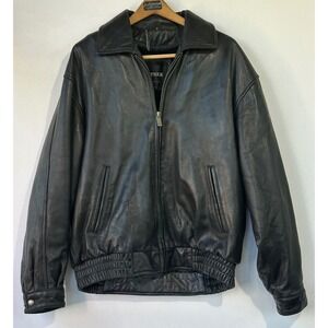 Trek Bomber Jacket Leather Full Zip Men's Large Black Heavy Duty